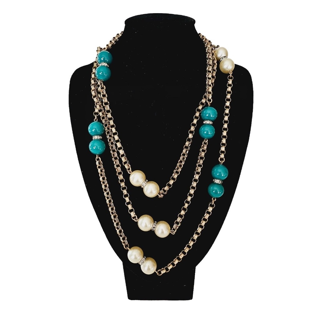 Vintage Germany Long Necklace Glass Teal Beads Rhinestone Rolo Chain Ope…